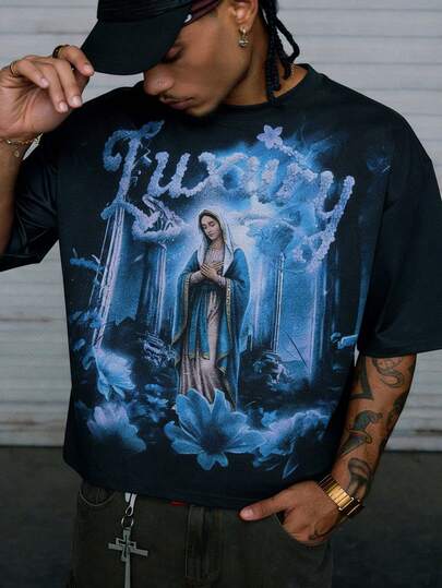Rovax Dark Religion 美学街头风短袖T恤，复古蓝调圣母玛利亚印花宽松男士黑色T恤