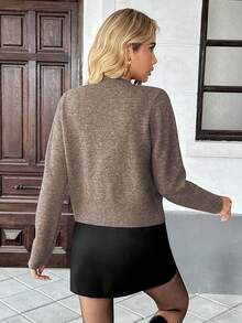 SHEIN PariChic Women's Bow Button Long Sleeve Knitted Cardigan, Autumn/Winter - Khaki - View 2