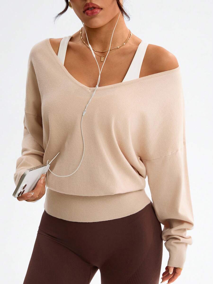 Dewbera Áo len yoga nữ dáng rộng cổ chữ V tay cánh dơi, áo tập luyện kéo khóa cho chạy bộ, pilates, thể dục, tay dài - Lạc đà - Xem 1