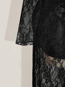 SHEIN ICON Plus Size Y2K Goth Black Autumn Night Out Club Lace Sheer Flared Long Sleeve Front Tie-Up Slim Fit Long Top Gothic Avant-Garde Urban Modern - Black - View 7