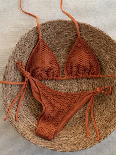 Swim Vcay 2026 Spring/Summer Women's Solid Color Special Fabric Swimsuit, Spaghetti Strap Halter Neck Sexy Side Tie Thong Bikini Two-Piece Swimwear Boho Bikini Set Crochet Bikini Set Textured Bikini String Bikini Set