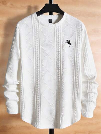 HIMLAND Men's Casual Solid Color Herringbone Diamond Pattern Embroidered Centaur T-Shirt Jersey Sweater Cable Knit Sweater Men Knit Jersey Men Knit Tops Men Long Sleeve Knit