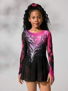 SHEIN 少女运动服长袖花样滑冰紧身衣，彩色渐变设计，柔软弹力网纱裙摆，适合花样滑冰表演和训练，穿着舒适。 - 黑與白 - 查看 4