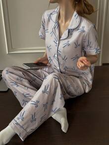 Dream Adore Set Piyama Lengan Pendek Berkerah Motif Garis-garis Manis dan Lucu untuk Wanita - Biru - View 6