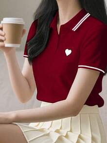 Resyla 1件女士休闲爱心刺绣滚边短袖T恤，夏季图案T恤女式上衣 - 酒紅色 - 查看 3