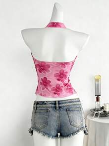 Lalippa Women's Floral Print Twist Front Halter Top, Vacation Wear - Pink - View 2