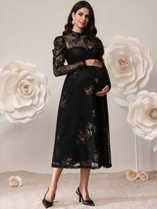 SHEIN 孕妇系领羊腿袖镂空优雅连衣裙 - 黑色 - 查看 5