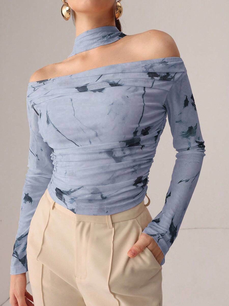 Modelyn Autumn Knitted Sexy Sheer Mesh Ribbon Print T-Shirt Off Shoulder Long Sleeve Baby Blue Top Women Off Shoulder Shirt - Blue - View 1