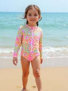 女童时尚长袖连体泳衣，适合海滩、度假村、水疗中心 - 彩色 - 查看 7