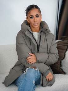 SAYEHFBABY Fashionable Casual Adjustable Waist Quilted Mid-Length Hooded Padded Padded Coat Clothes Winter For Women  - Grey - View 4