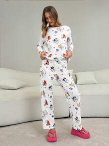 THE POWERPUFF GIRLS X SHEIN Women's Comfortable All-Over Print Long Sleeve Top And Pants Pajama Set, Autumn