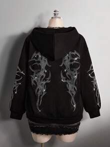 SHEIN ICON 大码女式休闲连帽衫，饰有水钻，前拉链 - 黑色 - 查看 1