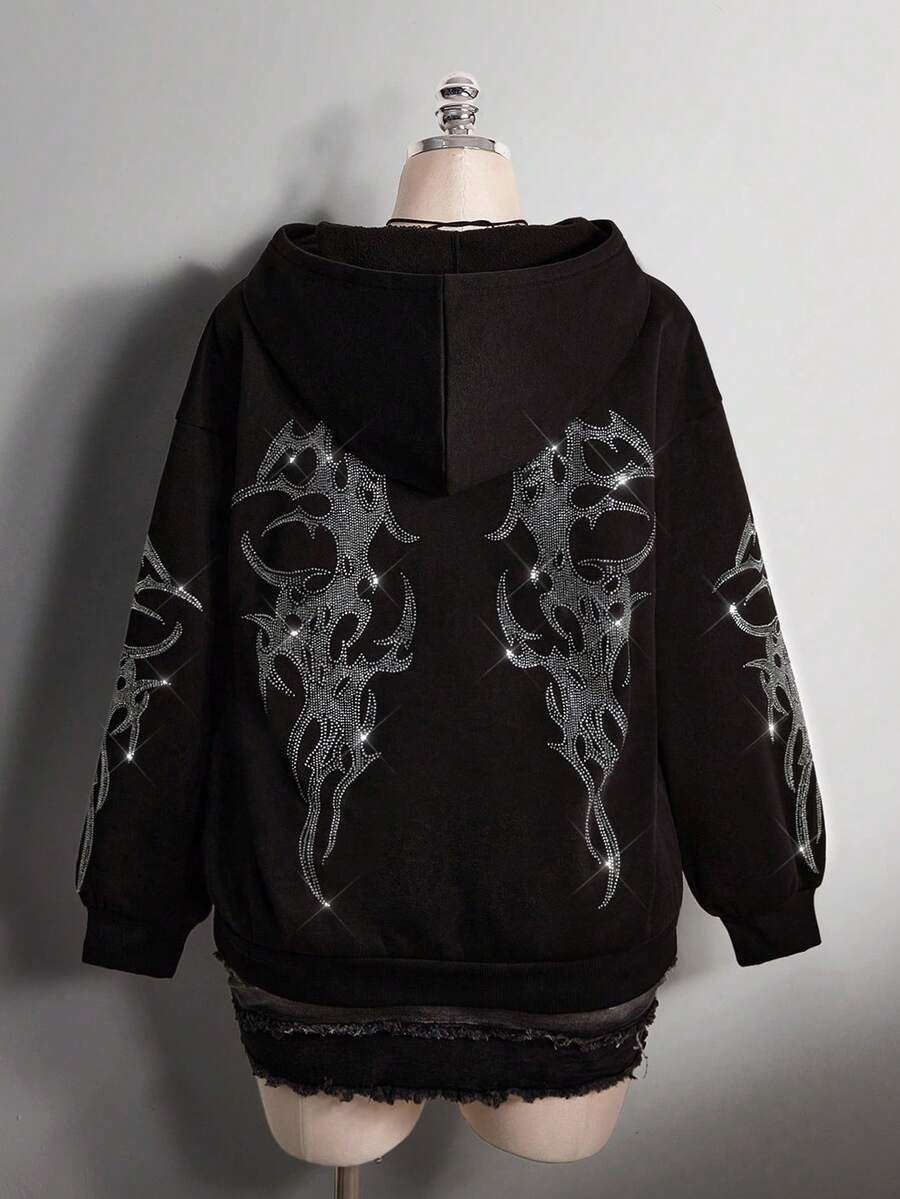 SHEIN ICON 大码女式休闲连帽衫,饰有水钻,前拉链 - 黑色 - 查看 1