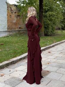 Jeta Ari Autumn Romantic Ruffled Long Sleeve Maxi Dress, Elegant For Dating, Travel, Autumn Loungewear, Suitable For Valentine's Day, Bows, Elegant Women's Dresses, Holiday Dresses, Formal Dresses For Women, Midi Dresses For Women, Summer Dresses, Mesh, Sheer Sleeves, Casual Dresses, Wedding Dresses For Ladies, , Birthday Dresses  Summer, Autumn - Brown - View 6