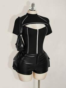 SHEIN ICON 加大码女式黑白撞色镂空拉链领T恤 - 黑色 - 查看 4