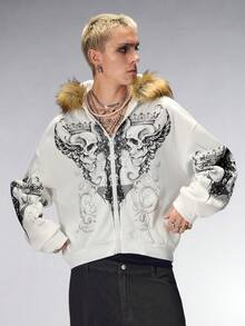 ROMWE MEN Unisex English Print Hooded Sweatshirt Sweatshirt With Fur Collar, Autumn/Winter - White - View 3