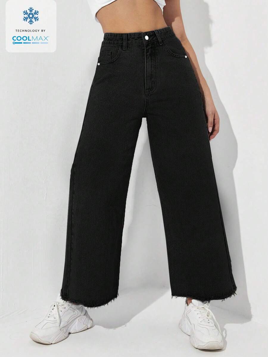 SHEIN ICON 大码女式黑色破洞牛仔裤,时尚百搭 - 黑色 - 查看 1