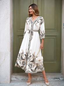 Louniche 女士休闲优雅中东风情印花V领七分袖修身A字连衣裙，春夏款 - 彩色 - 查看 5