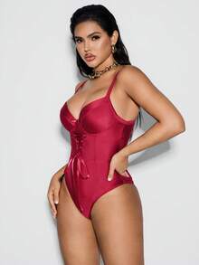 Shapewave Women's Sexy Shiny Red Lace-Up One-Piece Swimsuit, Fashionable & Slimming, Spring/Summer Valentine's Day One Piece Bathing Suit Full Coverage Valentines - Burgundy - View 6