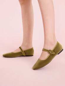 Zapatos Mary Jane Planos Azul Marino de Gamuza, Zapato Punta Redonda con Tira y Broche Decorativo para Oficina, Citas y Salidas Casual Moda Mujer - Verde - Ver 5