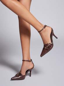 SHUZIA Sepatu hak tinggi wanita elegan dan bergaya dengan ujung runcing, tali pergelangan kaki, dan hiasan gesper. - Burgundy - View 2