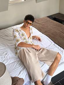 SWAVVY Men's Starfish Pattern Hollow Out Single-Breasted Casual Short Sleeve Knit Top - Apricot - View 4