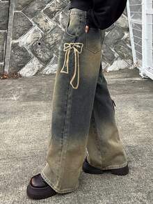 FRIFUL Women's Casual Bow Print Denim Jeans - Blue - View 7