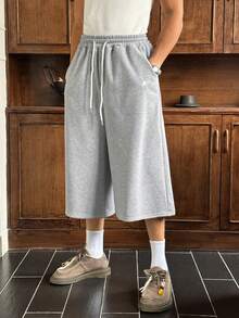 SWAVVY Pantalones casuales sueltos de 7/8 para hombres, gris claro con bordado, cintura elástica con bolsillos, para verano - Gris Claro - Ver 5