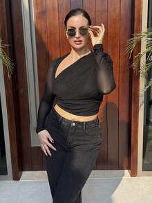 MDEdit Solid Ruched Asymmetrical Neck Tee - Black - View 1