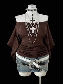 Sunspun Plus Size Women Retro Punk Style Off-Shoulder Ruched Waist Long Sleeve T-Shirt, Suitable For Daily Wear And Commuting - Coffee Brown - View 1