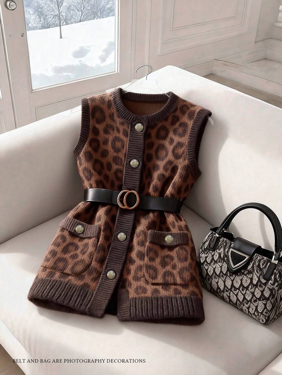 GlowEve 时尚豹纹圆领女式针织开衫背心 - 彩色 - 查看 1