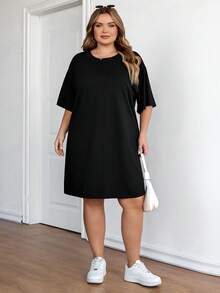 SHEIN CURVE+ 休闲宽松圆领短袖露脐女式连衣裙，适合夏季穿着 - 黑色 - 查看 5