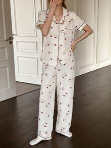 Dream Adore Heart Print Lapel Women Pajama Set - Apricot - View 6