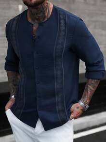 Manfinity CasualCool Men's Crinkle Fabric Printed Round Neck Long Sleeve Shirt, Casual Vacation Home Gathering Office Party Versatile Style, Best Gift For Boyfriend Or Husband - Royal Blue - View 1