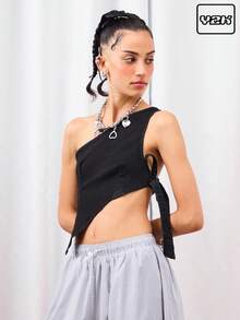 COUREZ 不对称单肩牛仔上衣/Y2K可爱上衣 外出上衣 秋季女装 性感露肩上衣 - 黑色 - 查看 1