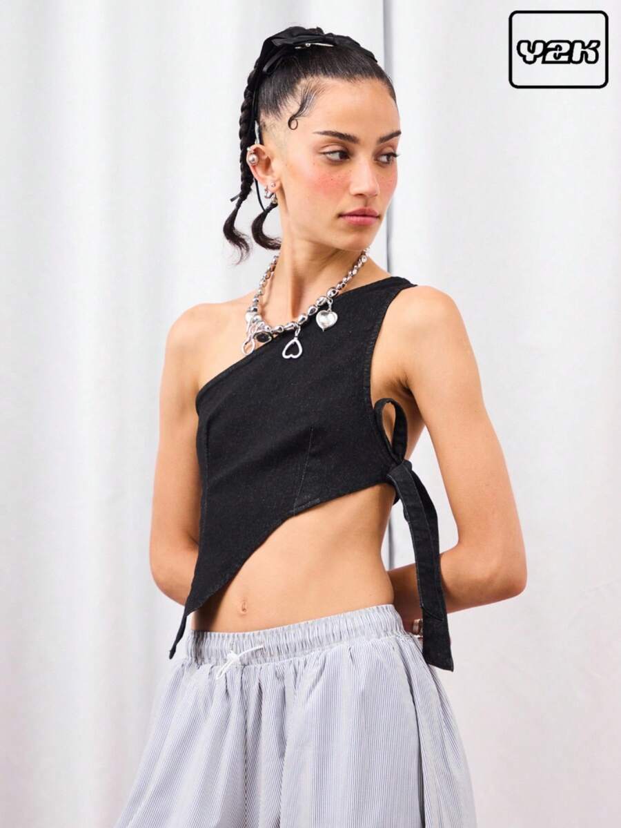 COUREZ 不对称单肩牛仔上衣/Y2K可爱上衣 外出上衣 秋季女装 性感露肩上衣 - 黑色 - 查看 1