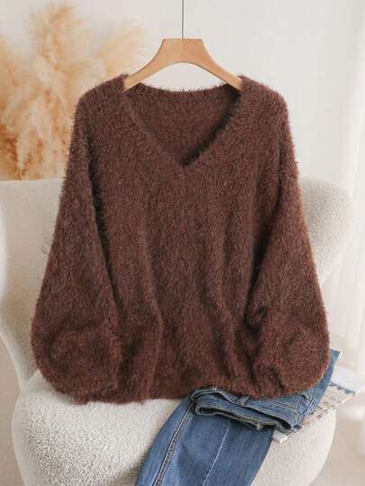Vionelle Plus Size Polka Dot Fuzzy Knit Crew Neck Casual Pullover Sweater For Women Pullover For Women Brown Sweater Coffee Brown Top Chocolate Brown Top Winter Clothes For Women Sweaters