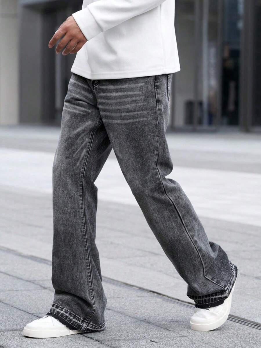 Manfinity Homme Męskie proste rozszerzane jeansy z prostymi nogawkami, swobodne do codziennego noszenia, długie rozszerzane jeansy z szerokimi nogawkami, ciemnoszare, sprane jeansy cargo z blokami kolorów, dla męża, prezenty dla chłopaka - Szary - Zobacz 1