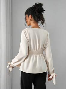 Momance Maternity Shirt With Bow Tie Straps, Shirred Cardigan, Waist Saving, Back Pleated, Front Button A-Line Blouse - Beige - View 2