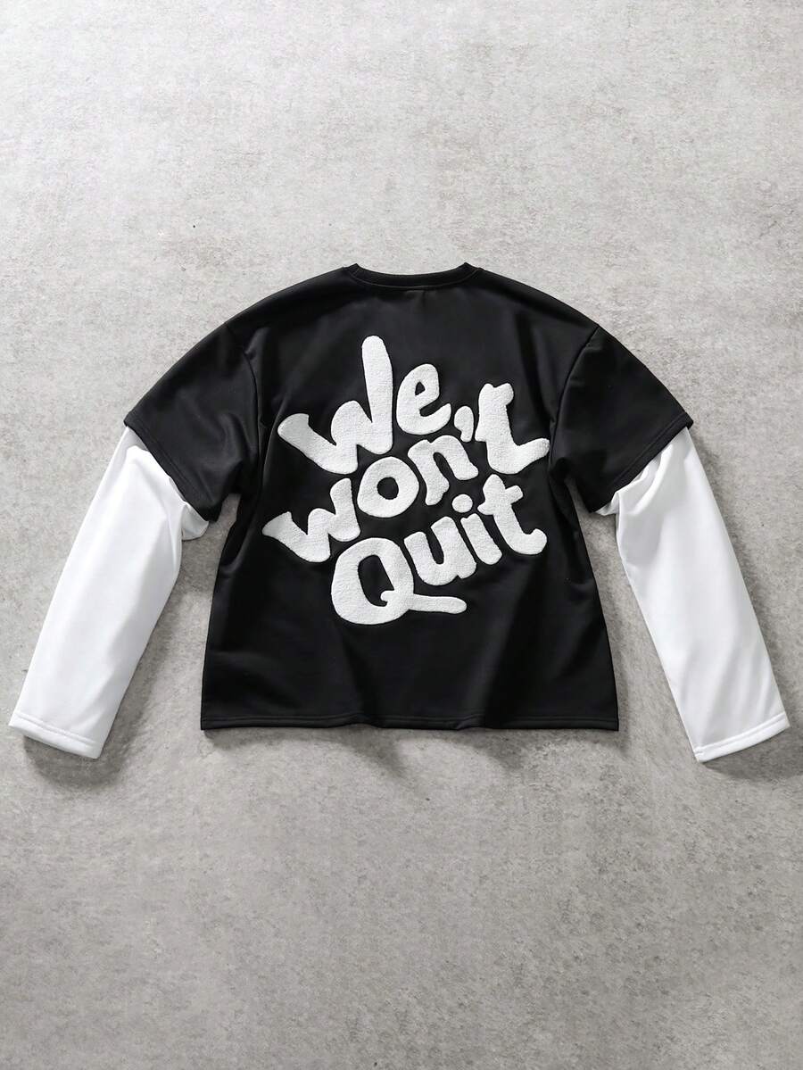 Camiseta de hombre con diseño bordado de toalla en blanco y negro de 2 en 1, de moda para uso diario, PAVTROS, Y2k, Mardi Gras, Streetwear, Vintage, Vacaciones, Amo a mi novio, Día de San Valentín, Camiseta de doble capa falsa con eslogan bordado divertido de toalla - Multicolor - Ver 1