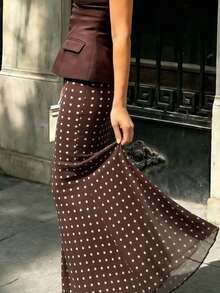 Pariaura 2026 New Arrival Women's Elegant Tulle Long Midi Skirt - Brown Base With White Polka Dots, Versatile Casual Office Minimalist Vacation Style - Multicolor - View 7