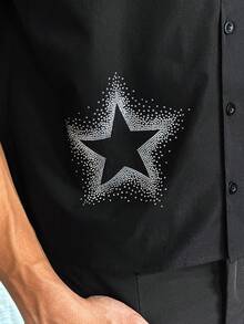 SWAVVY Men's Fashion Rhinestone Embellished Short Sleeve Shirt, Spring/Summer - Black - View 4