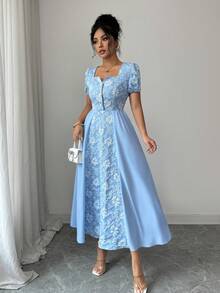 Rafferiza Đầm maxi nữ mùa xuân/hè kiểu Pháp thanh lịch, sang trọng, tối giản, cổ vuông, tay ngắn, đính cúc ngọc trai, eo thắt, màu trơn, phối họa tiết jacquard. - Màu xanh lam - Xem 3