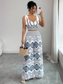 SHEIN Elenzya Women's Blue & White Placement Print Elegant Vacation 2 Pieces Set - Blue and White - View 7