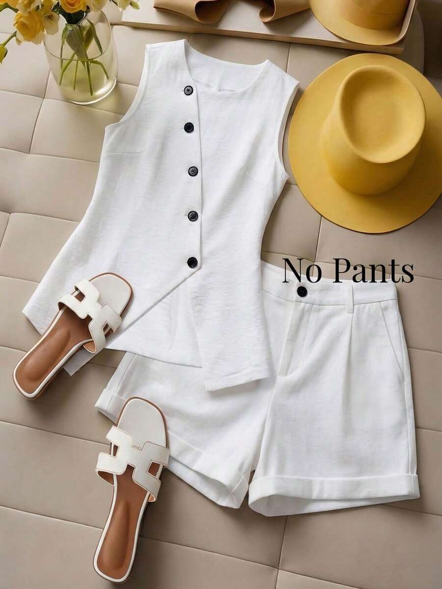 Franclia Design 斜襟无袖上衣，简约优雅风格背心，复古风，适合休闲、工作、派对及各种场合。 - 白色 - 查看 1