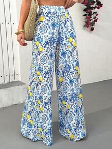 EURMUSE Women Spring Summer Vacation Lemon Print Elastic Waist Wide-Leg Pants - Multicolor - View 6