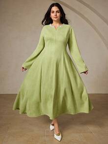 BELROSIE Fashionable Design Sense Versatile Commuting Exquisite Suede Blend V-Neck Zipper Collar Studded Pearl Decor Green Plus Size Long Sleeve Dress - Green - View 5