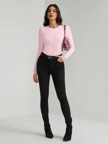 SHEIN Tall Plain Pink Round Neck Casual Bodysuit With Long Sleeves For Her - Pink - View 4