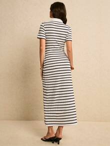 Poéselle Đầm kẻ sọc thường ngày dành cho nữ, thích hợp mặc đi làm, mùa hè. - Đen và trắng - Xem 4