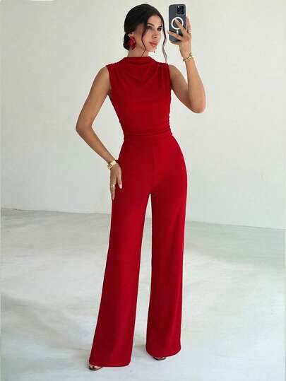 Firerie אוברול ארוך ואלגנטי עם קפלים לנשים, לבוש יומיומי, חתונה, מסיבה, פסטיבל מוזיקה, חג, אדום, תלבושות למורים לנשים